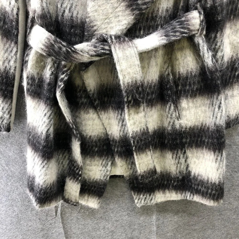 BCBGeneration Plaid Wool Blend Wrap Coat Womens Small S Black Ivory Fuzzy Long - Picture 6 of 13